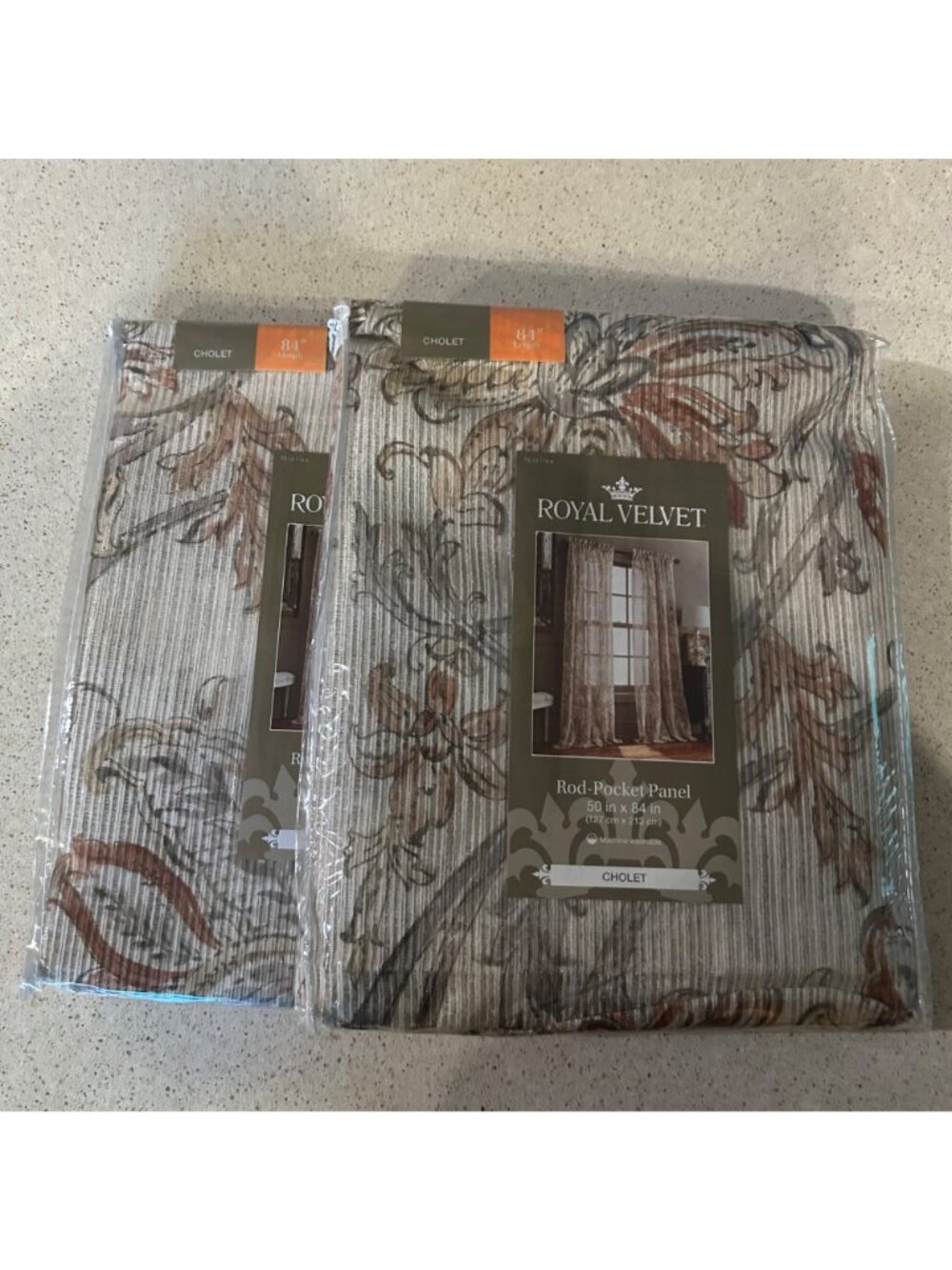 "Royal Velvet Cholet Curtain Set 2 Rod Pocket Panels Floral Beige Rust 50"x 84" - Picture 5 of 14